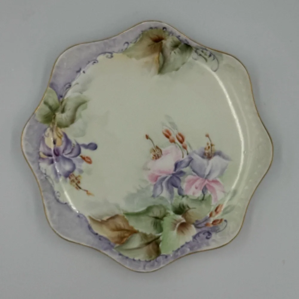 Vintage Bavarian Hand Painted Porcelain Plate Scalloped Edge with Gold Trim
